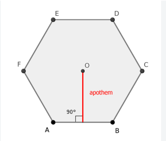 A regular hexagon with its apothem marked in red from the center perpendicular to a side.