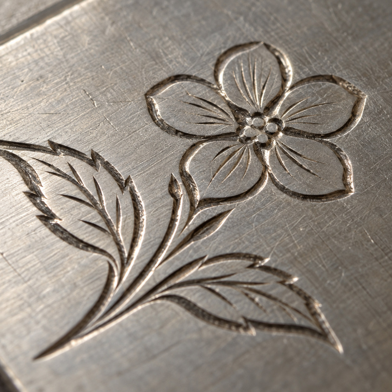 AI-generated close-up demonstrating a floral pattern engraved as recessed grooves in silver-colored metal.